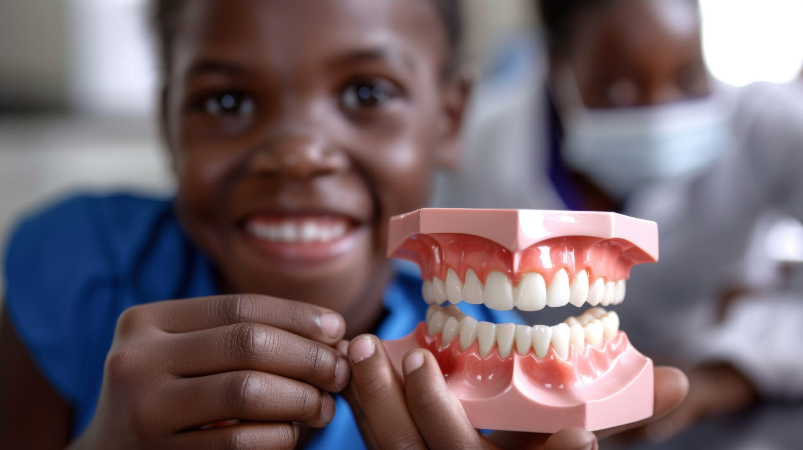 young boy holding model teeth