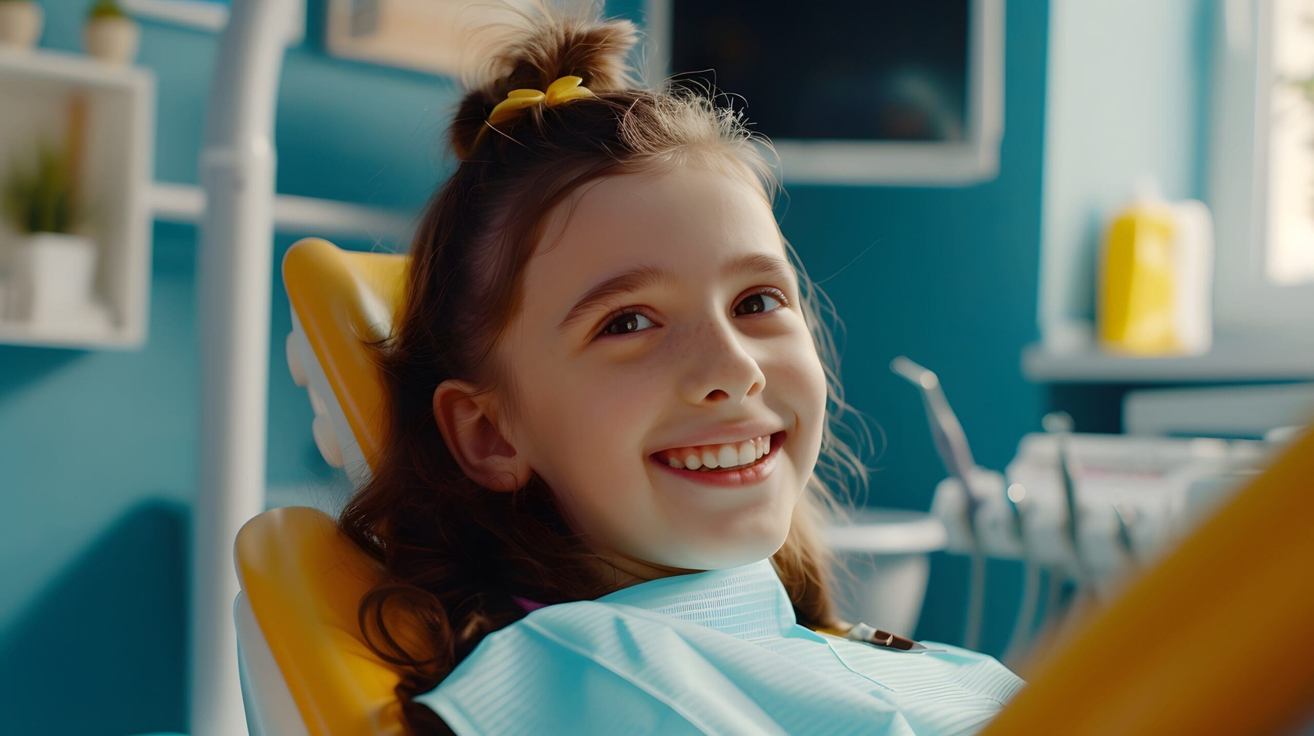 young girl smiling in dentist chair