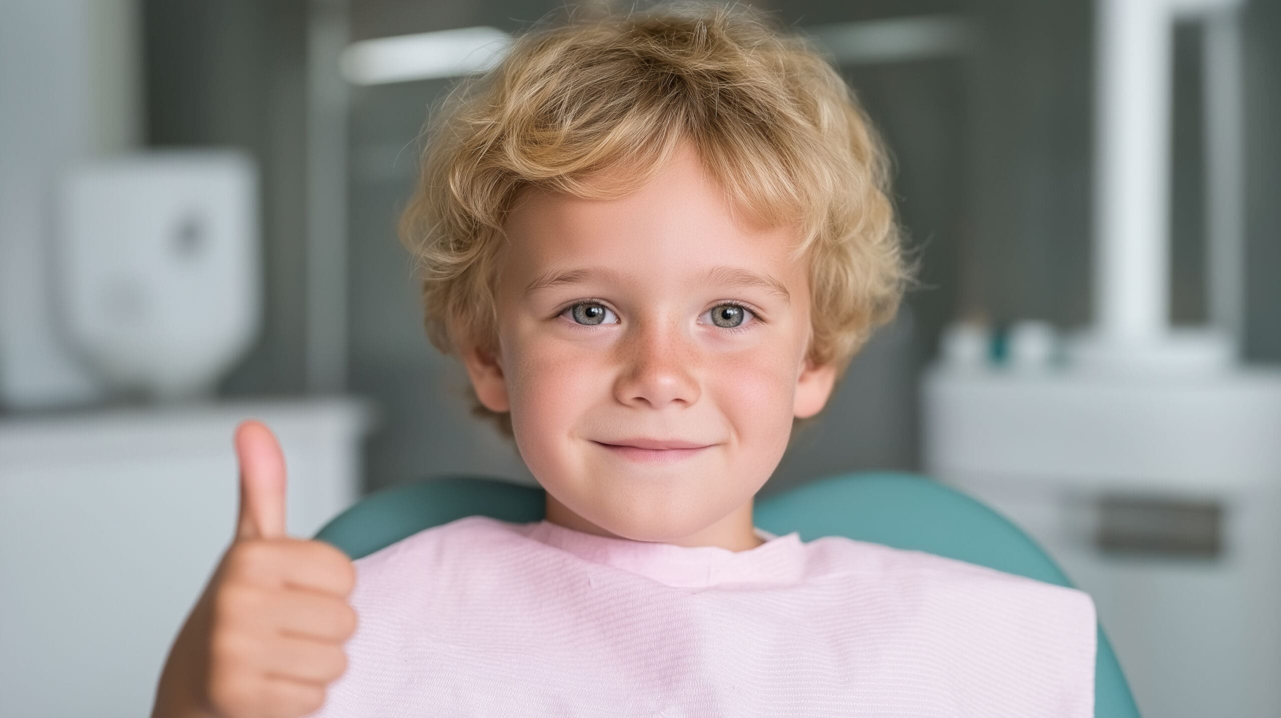 little boy smiling giving a thumbs up in a dentist's chair